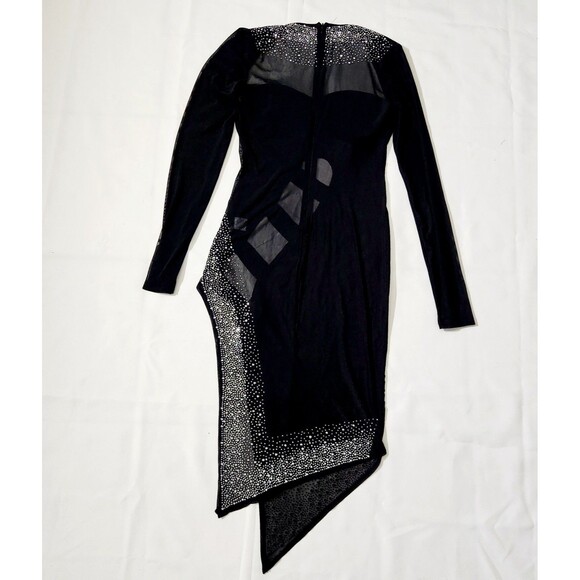 Deja Vu Dress Size M Long Sleeve Sheer Cutout Formal Dress Black High Slit Gems - Picture 11 of 13